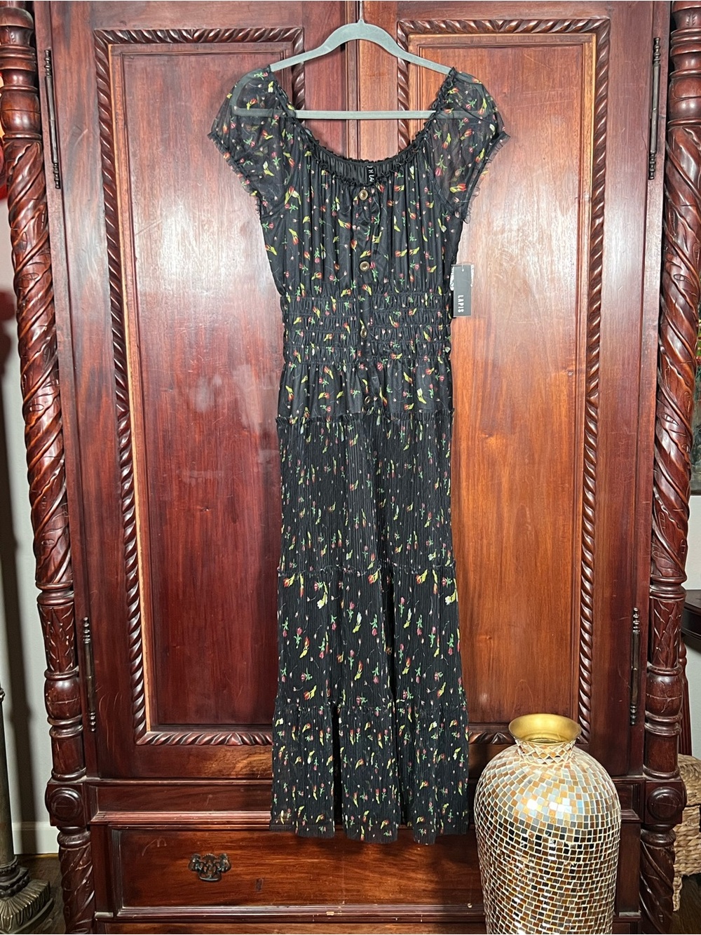 NWT Lapis Black Floral Smocked Waist Sheer Puff Sleeves Crinkle Tiered Maxi